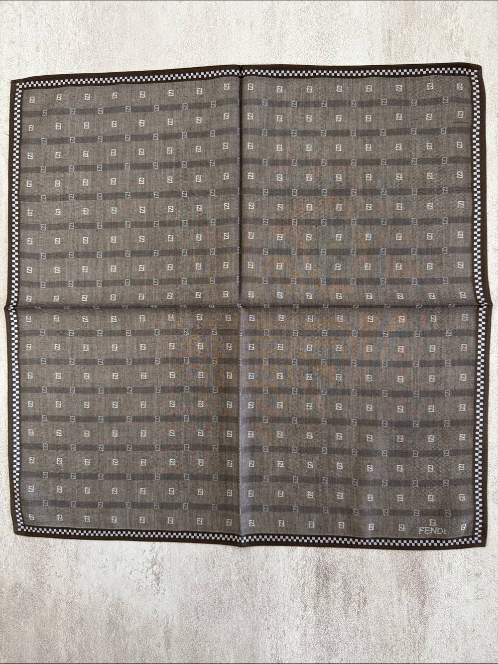 Fendi Brown Beige Check Monogram cotton Pocket Square